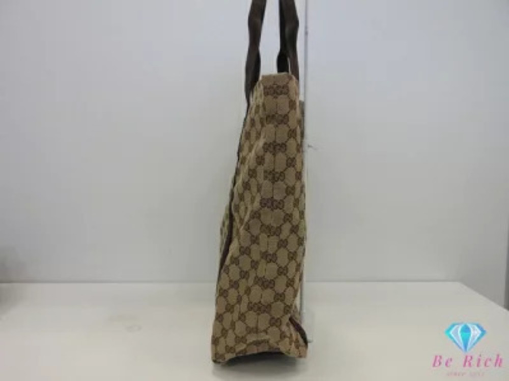 Gucci Brown Shoulder GG Beige Tote Bag Canvas Leather Handbag Brown Tan
